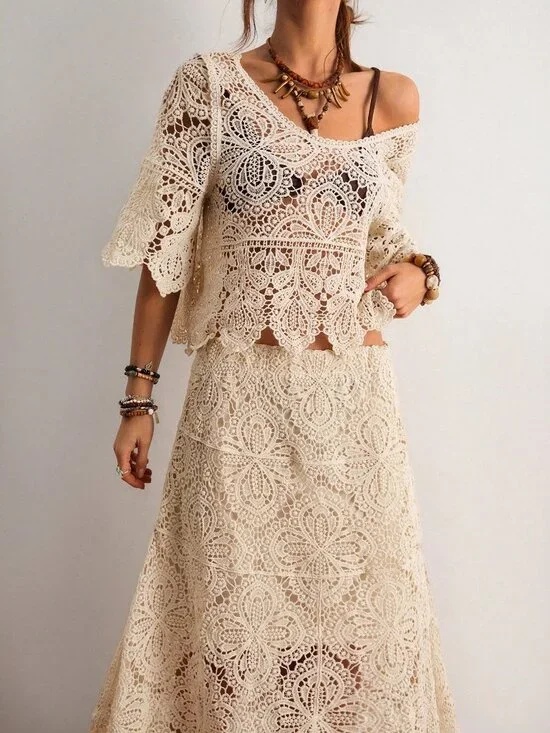 Apricot Elegant Women's Bohemian Crochet Knit Set - Picture 6 of 8